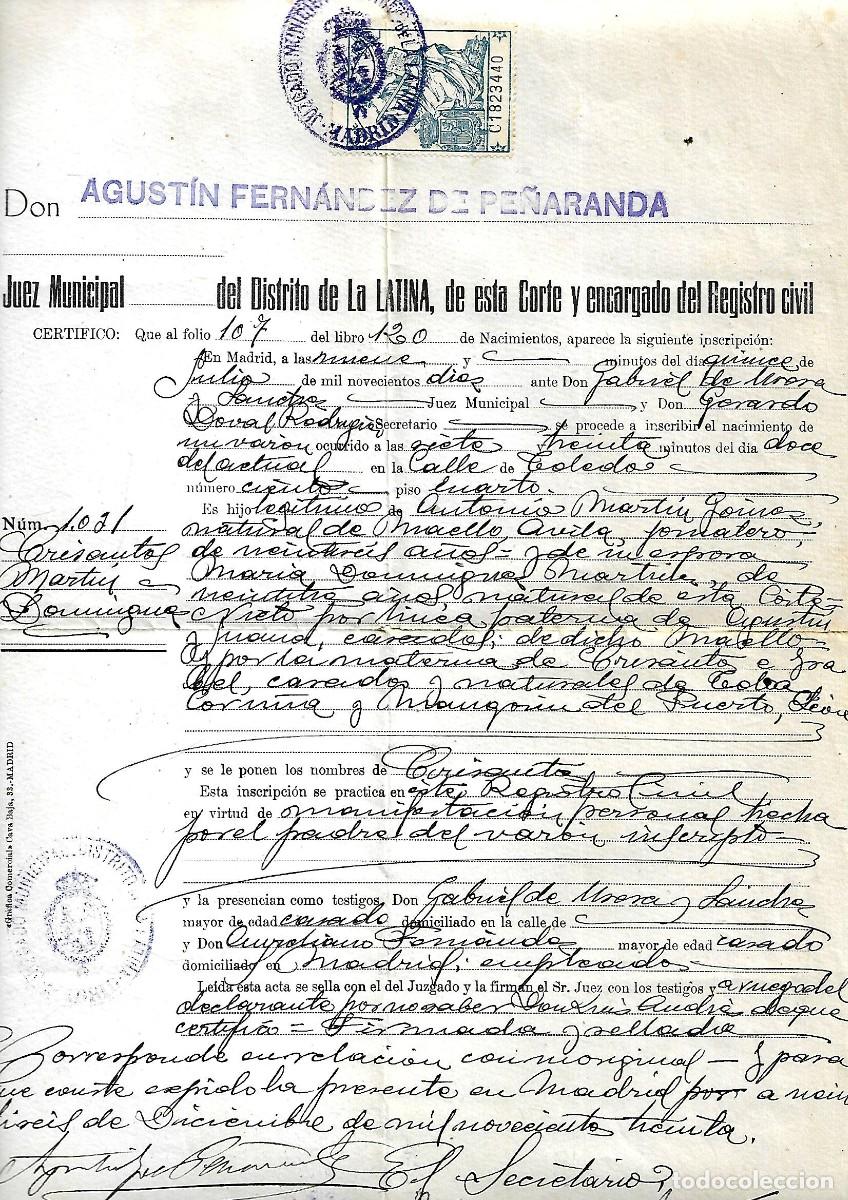 Militaria: M38- CERTIFICADO DEL REGISTRO CIVIL DE NACIMIENTO DE UN VARON EN LA CALLE TOLEDO EL 26-12- 1.930