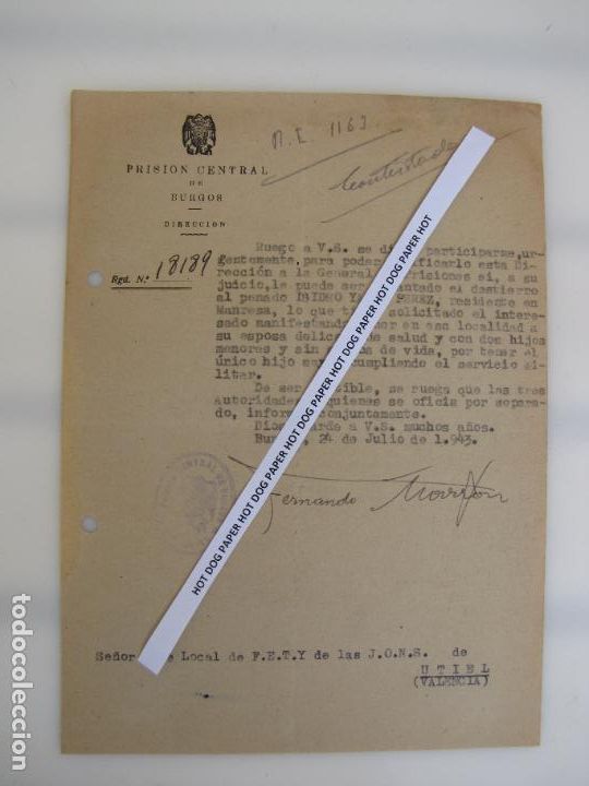 Militaria: 28.- 1.943.- Prisi&oacute;n Central de Burgos. Concejal por Utiel represaliado