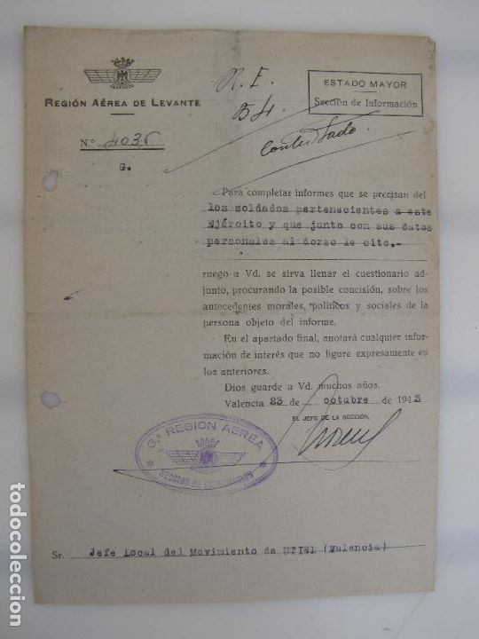 Militaria: 28- .- 1.943 Regi&oacute;n A&eacute;rea de Levante. Informes pol&iacute;ticos morales Jos&eacute; Garc&iacute;a Berlanga y otros. Utiel
