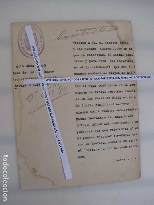 Militaria: 28.- 1.943. Asesinatos Guerra Civil en Casas de Utiel. Valencia. Juzgado Militar. Informes Falange