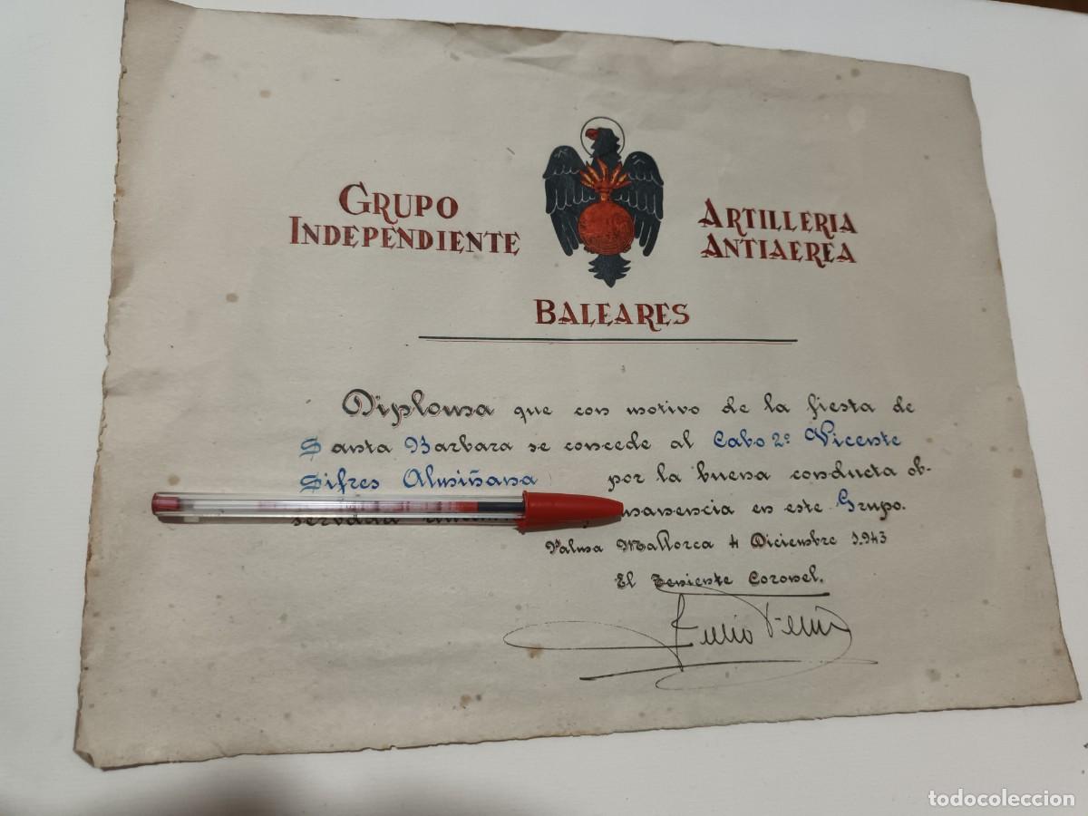 Militaria: Diploma Grupo Artiller&iacute;a Baleares 1943 fiesta de Santa B&aacute;rbara