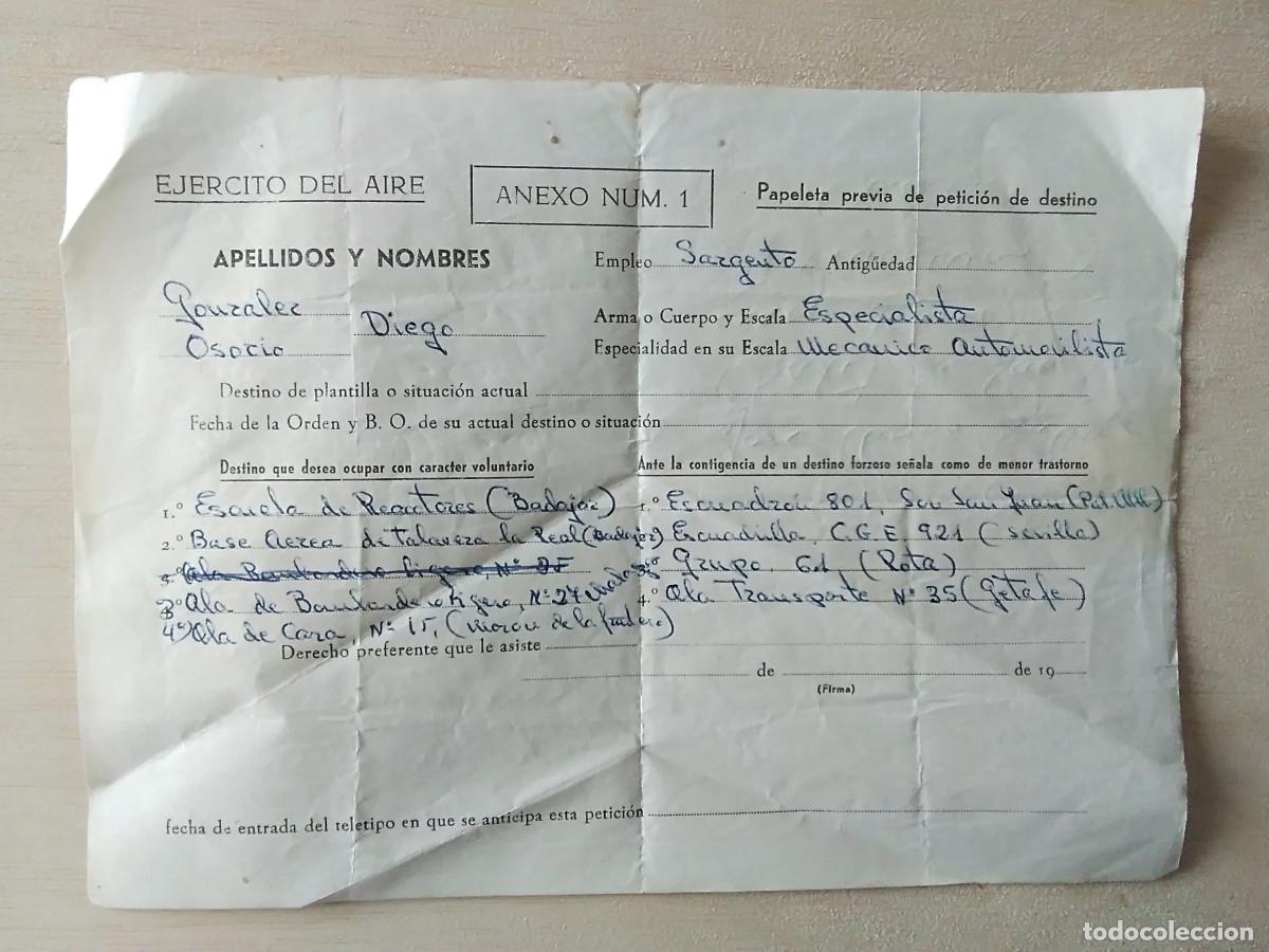 Militaria: PAPELETA PREVIA DE PETICION DE DESTINO EJERCITO DEL AIRE ANEXO NUM. 1