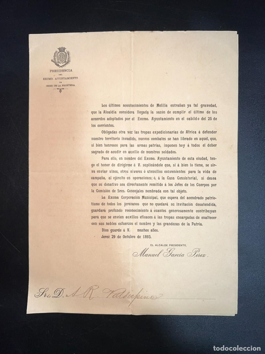 Militaria: AFRICA.AYUNTAMIENTO DE JEREZ, 1893. PETICI&Oacute;N DE VINO PARA LOS SOLDADOS. VER FOTOS