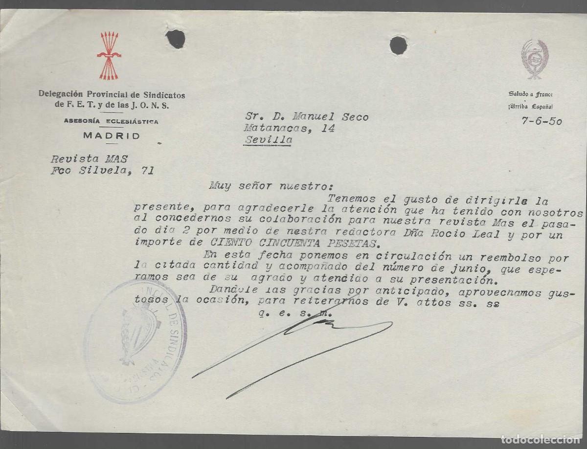 Militaria: MADRID,- DELG. PROV. SINDICATOS F.E.T. J.O.N.S,.-A D.MANUEL SECO VELAZCO,, VER FOTOS