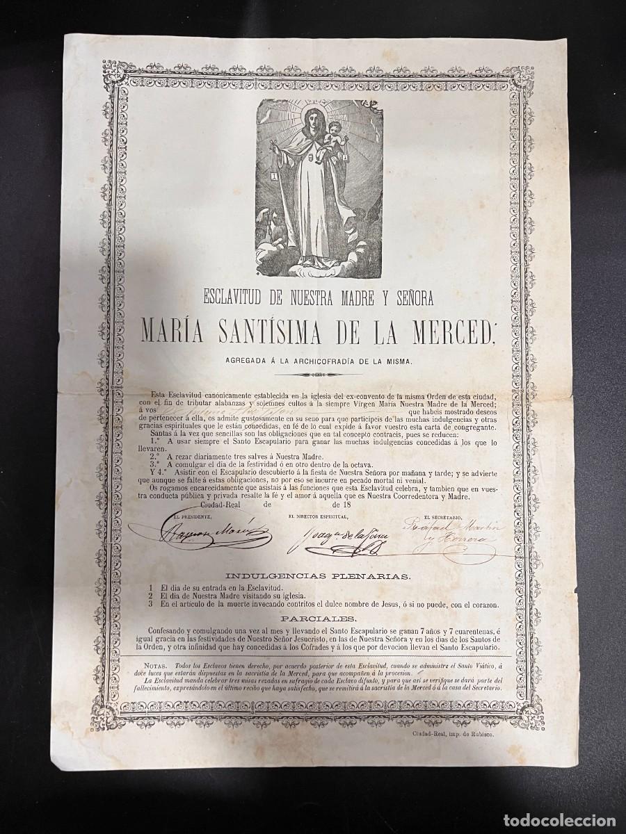 Militaria: CARTA DE CONGREGANTE. ESCLAVITUD DE NTRA. MADRE Y SRA. MAR&Iacute;A SANT&Iacute;SIMA DE LA MERCED. GRABADO.