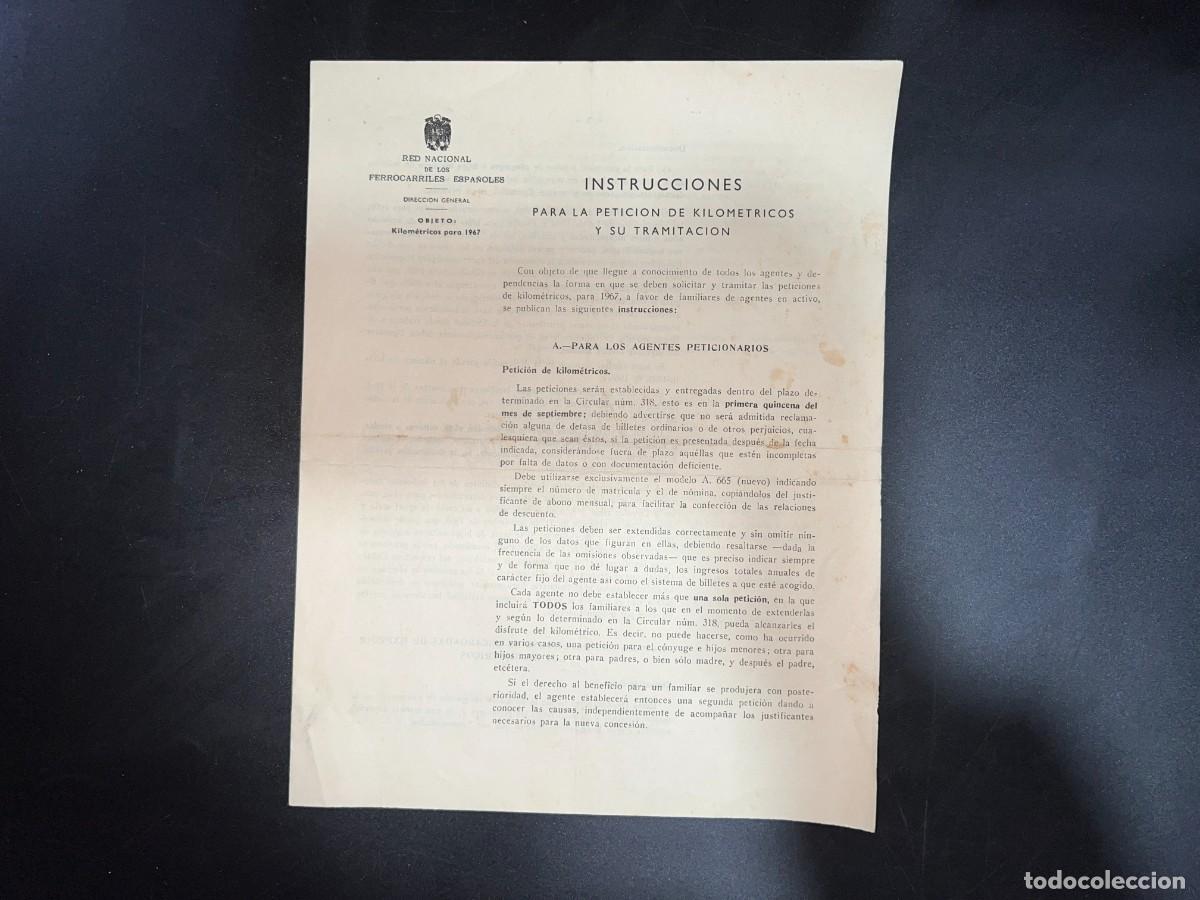 Militaria: RED NACIONAL FERROCARRILES ESPA&Ntilde;OLES. INSTRUCCIONES PETICION DE KILOM&Eacute;TRICOS. 1967