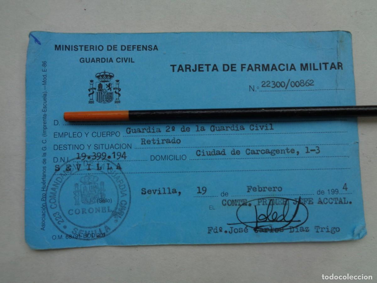 Militaria: GUARDIA CIVIL - MINISTERIO DE DEFENSA: TARJETA DE FARMACIA MILITAR DE GUARDIA 2&ordm; . SEVILLA, 1994