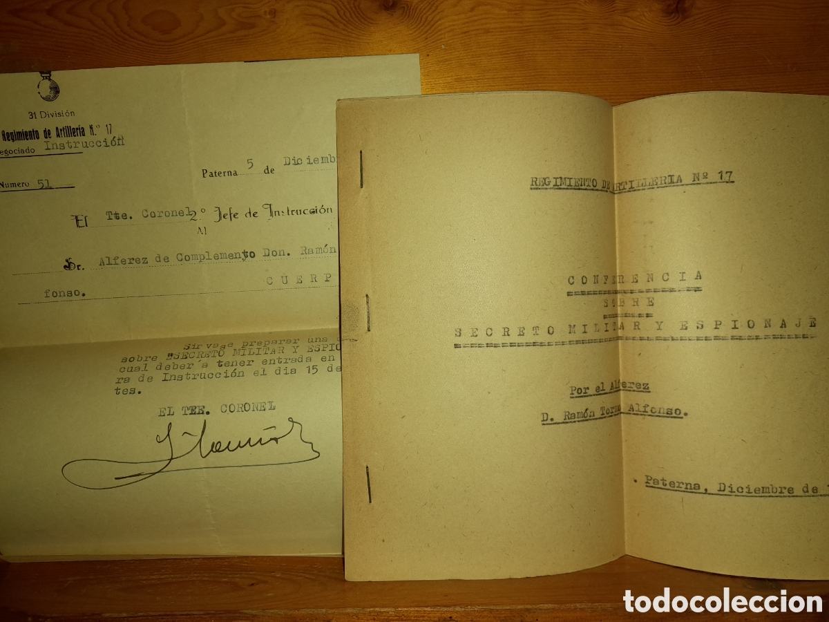 Militaria: RAMON TORMO ALFONSO CONFERENCIA SECRETO MILITAR Y ESPIONAJE 1952 REGIMIENTO ARTILLERIA N&deg; 17 PATERNA