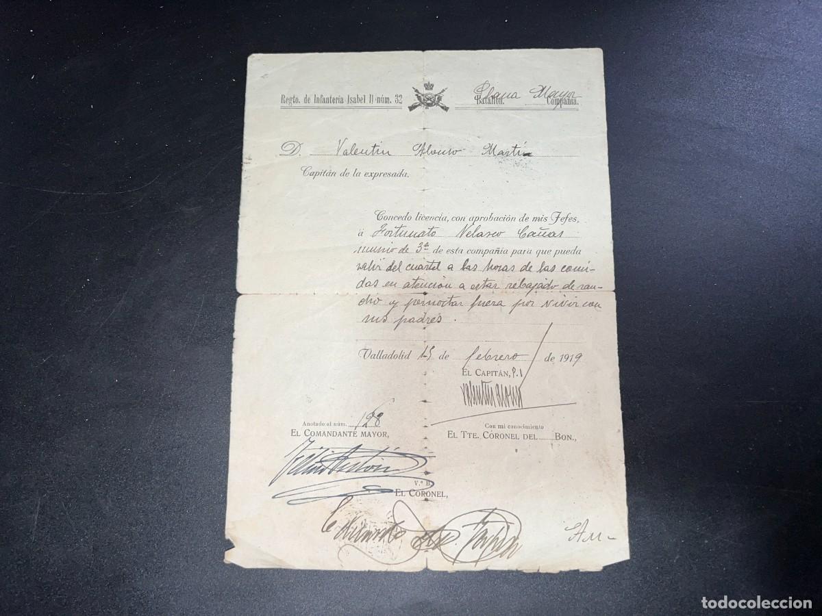Militaria: PASAPORTE DE SALIDA DEL CUARTEL. RGTO. DE INFANTERIA ISABEL II. N&ordm; 32. VALLADOLID, 1919