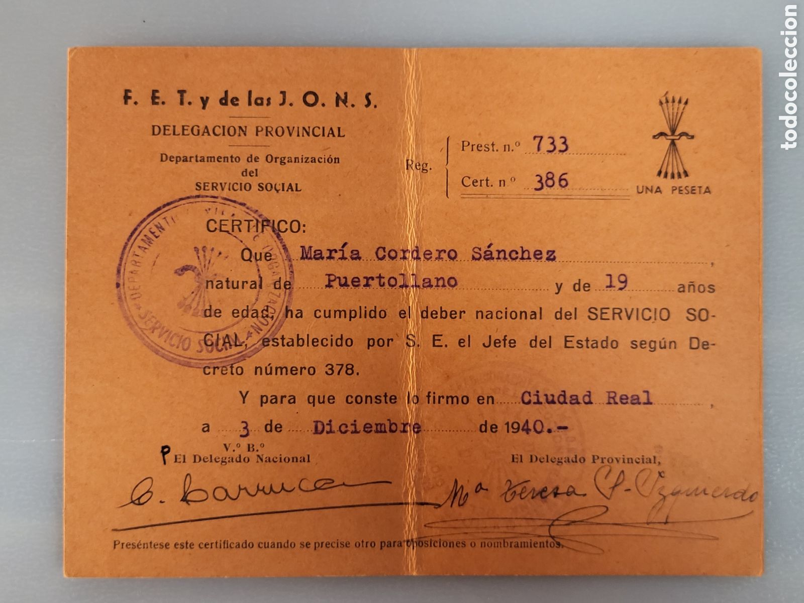 Militaria: CARNET, SERVICIO SOCIAL DE LA MUJER, 1940, SECCION FEMENINA FETS Y DE LAS JONS, CIUDAD REAL.