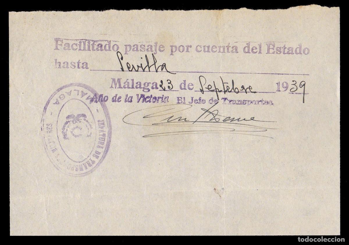 Militaria: ** RARO PASAJE DE TRANSPORTES M&Aacute;LAGA-SEVILLA 1939. JEFATURA DE TRANSPORTES MUJERES M&Aacute;LAGA **