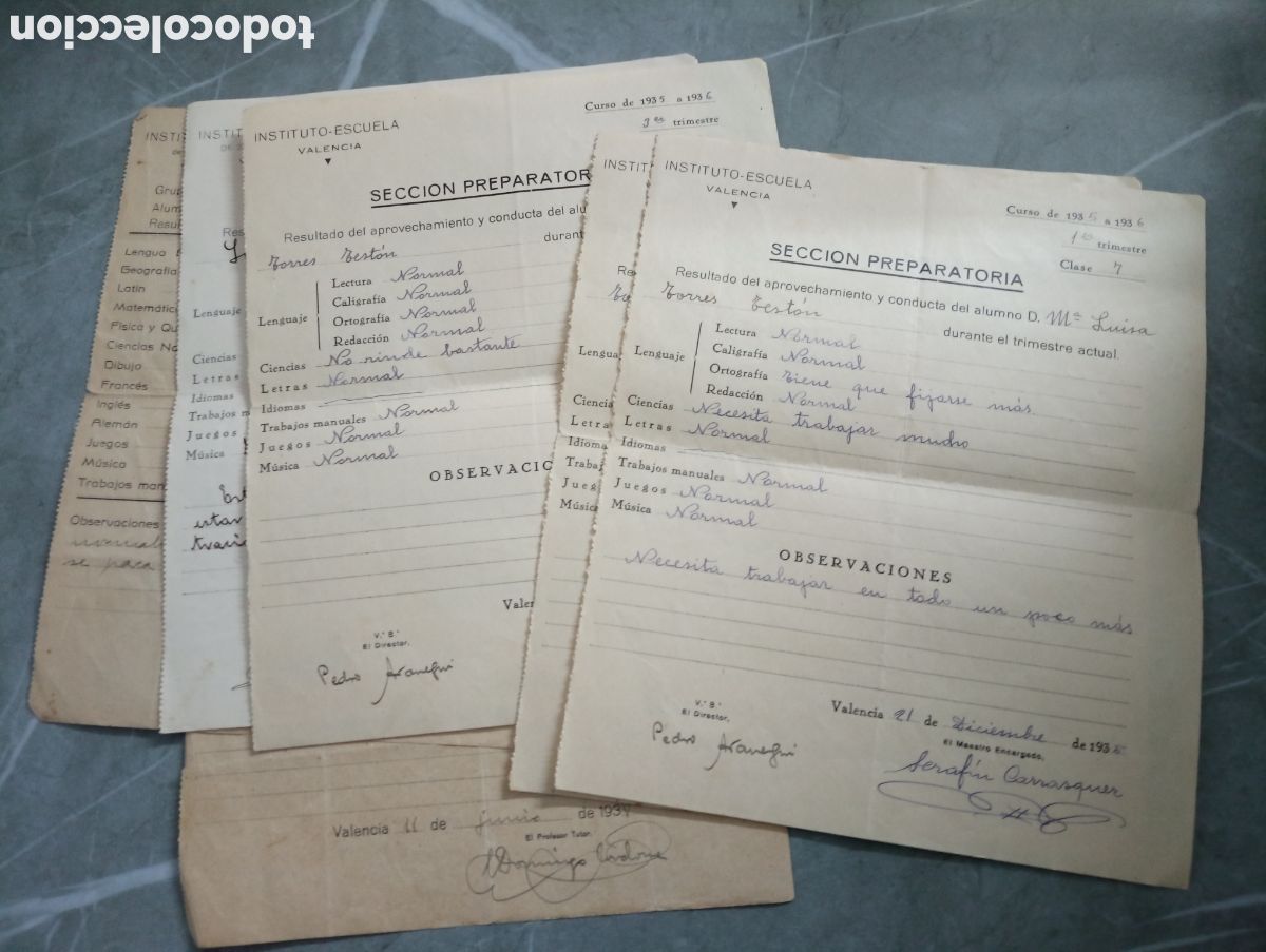 Militaria: instituto escuela valencia seccion preparatoria curso 1935 1936 lote 6 documentos