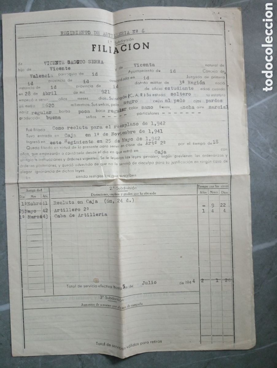 Militaria: documento original filiacion regimiento de artilleria julio de 1944