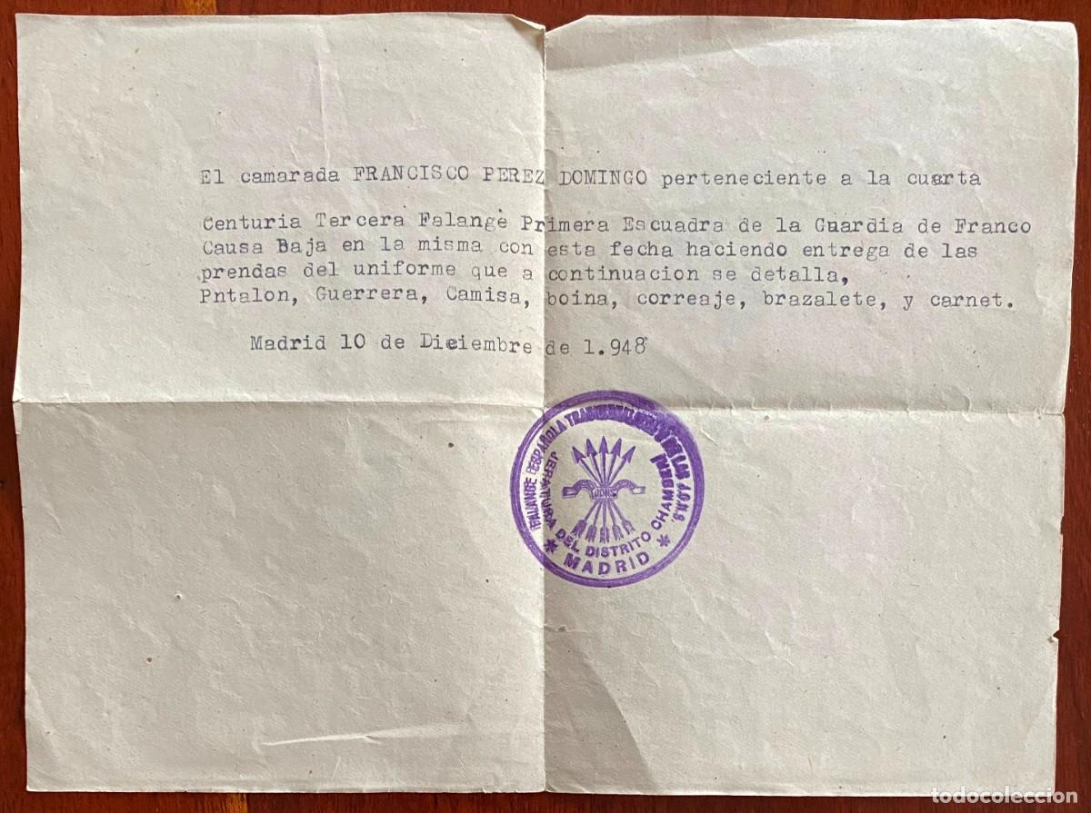 Militaria: CENTURIA DE FALANGE PRIMERA ESCUADRA DE LA GUARDIA DE FRANCO, JUSTIFICANTE DE BAJA, DICIEMBRE DE 194