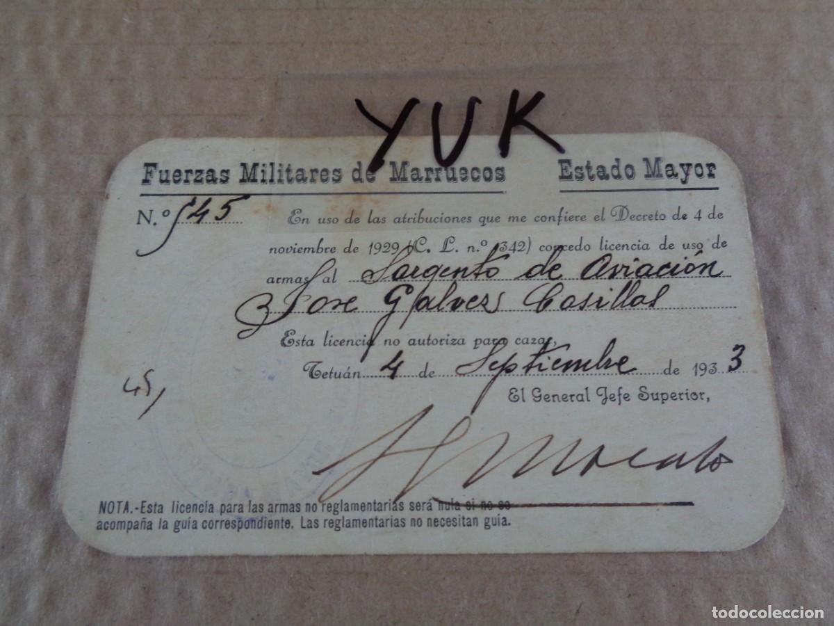 Militaria: LICENCIA DE ARMAS A SARGENTO ESPA&Ntilde;OL DE AVIACION DE 1933 - TETUAN - ESTADO MAYOR