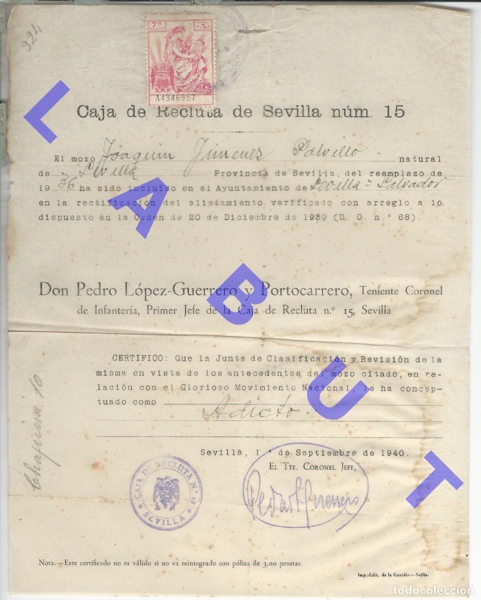 Militaria: PEDRO LOPEZ GUERRERO PORTOCARRERO CERTIFICACION ADICTO AL REGIMEN RECLUTA SEVILLA 1940 J22