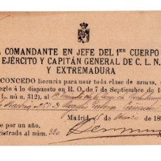 Militaria: LICENCIA USO TODO TIPO DE ARMAS.- 1893. CAPITANIA GENERAL EXTREMADURA.. Lote 383325459