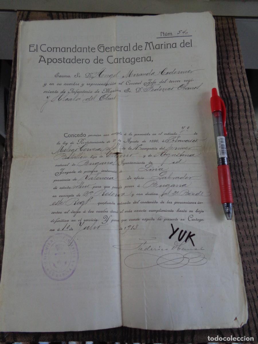 Militaria: PERMISO A MARINERO DE LA COMANDANCIA DE MARINA DE CARTAGENA PARA PASAR A LA RESERVA EN 1913