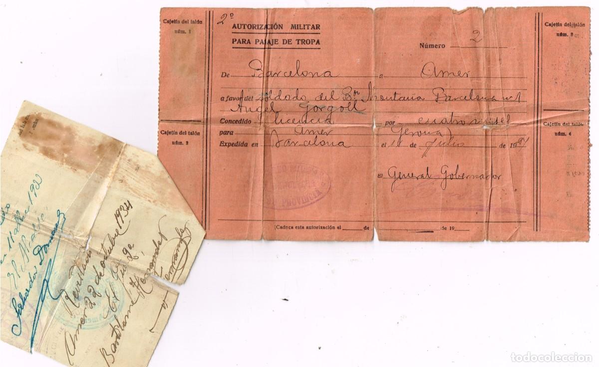 Military Antiques: 1927/34 AUTORIZACI&Oacute;N MILITAR PARA PASAJE DE TROPA BARCELONA, GERONA, AMER + NOTA 3 REVISTAS