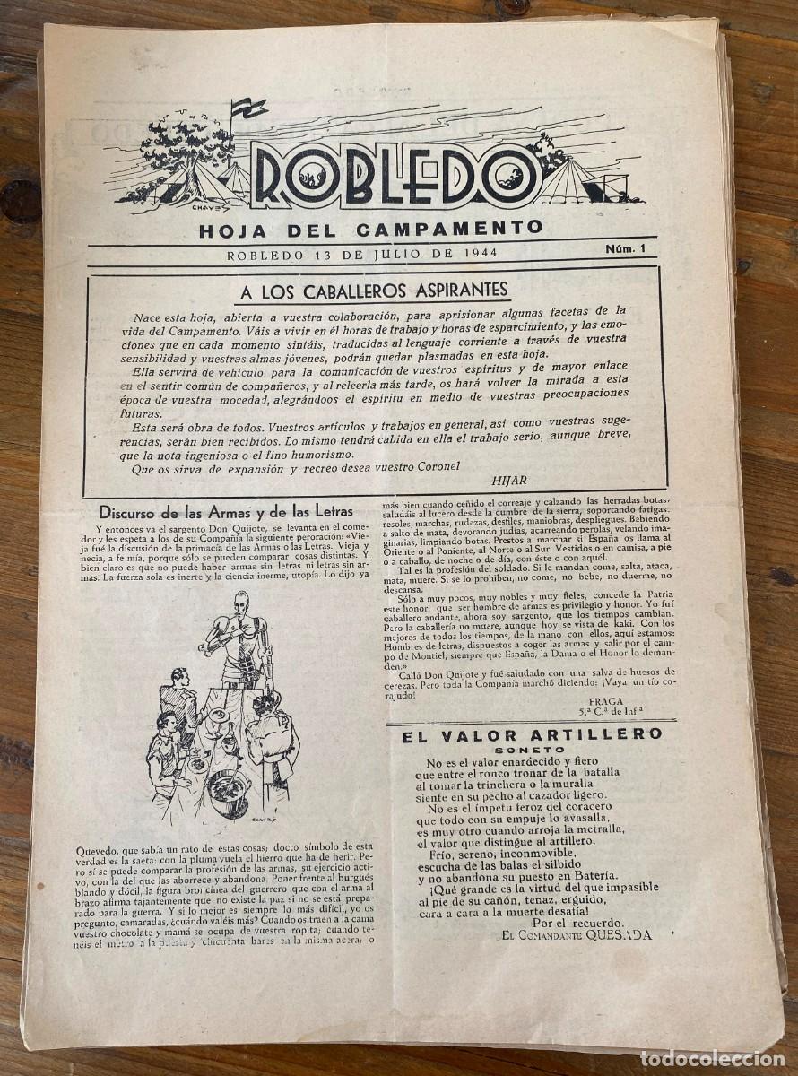 Militaria: Peri&oacute;dico militar Hoja del campamento El Robledo, Madrid 1944, n&ordm; 1, Milicias Universitarias. Tiene