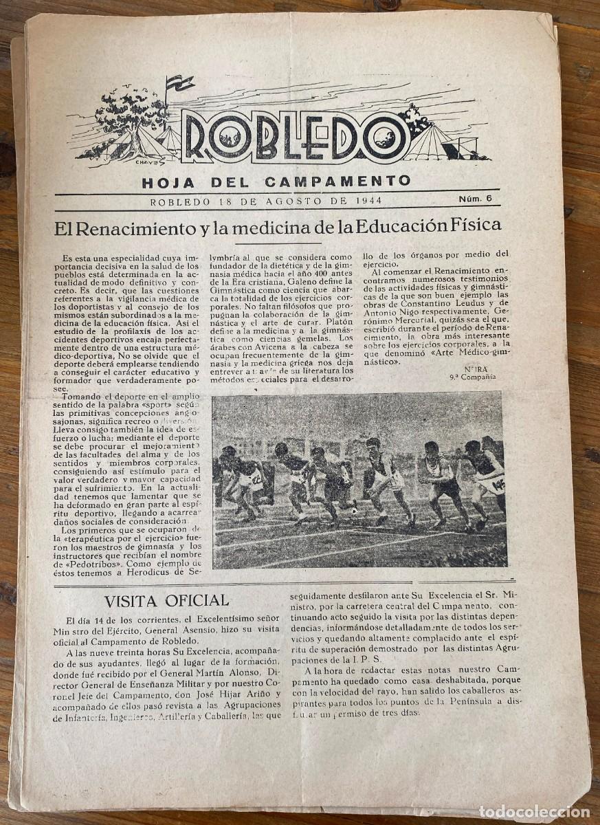 Militaria: Peri&oacute;dico militar Hoja del campamento El Robledo, Madrid 1944, n&ordm; 6, Milicias Universitarias. Tiene