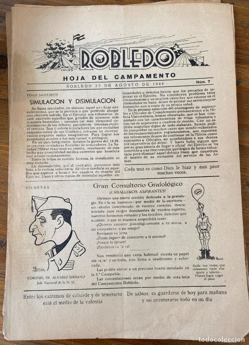 Militaria: Peri&oacute;dico militar Hoja del campamento El Robledo, Madrid 1944, n&ordm; 7, Milicias Universitarias. Tiene