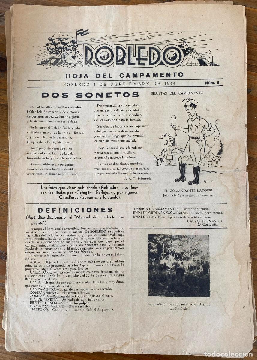Militaria: Peri&oacute;dico militar Hoja del campamento El Robledo, Madrid 1944, n&ordm; 8, Milicias Universitarias. Tiene