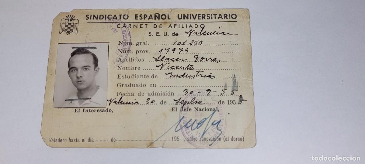 Militaria: ANTIGUO CARNET DEL SEU SINDICATO ESPA&Ntilde;OL UNIVERSITARIO VALENCIA - FALANGE ESPA&Ntilde;OLA - A&Ntilde;OS 50