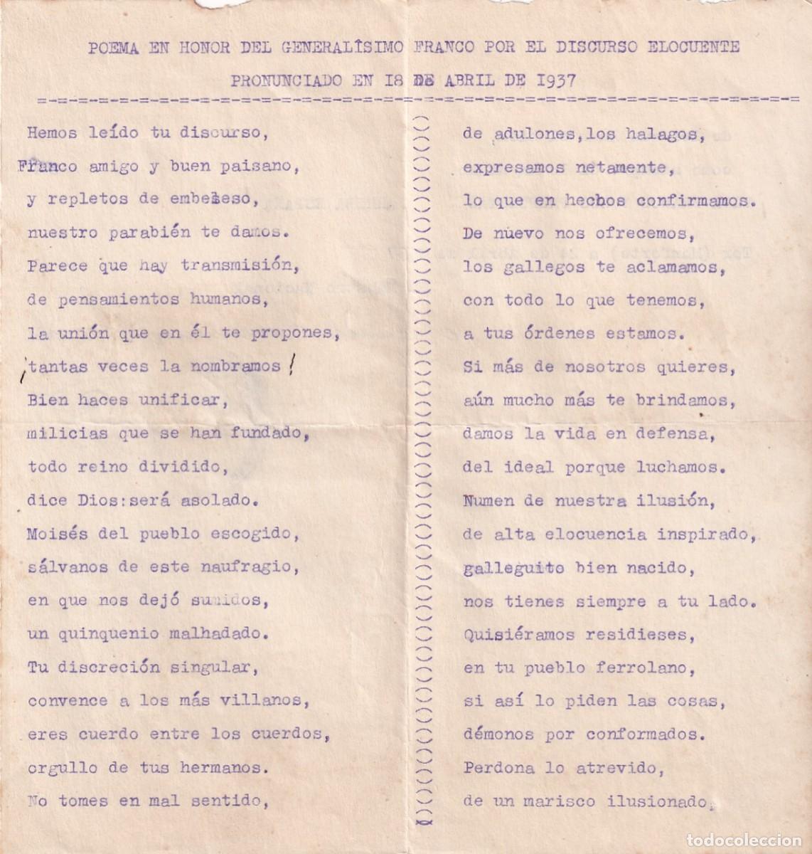 Militaria: Poema en honor a Franco 1937 Tor Monforte el maestro Manuel Dominguez.