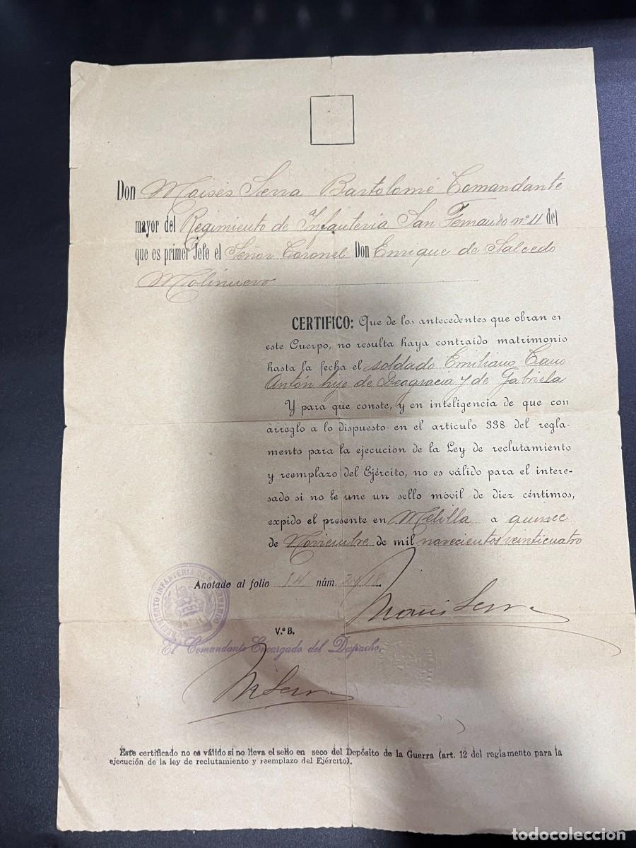 Militaria: MELILLA, 1924. CERTIFICADO DE RECLUTAMIENTO DE UN SOLDADO. VER