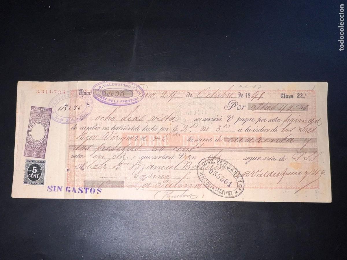 Militaria: LETRA DE CAMBIO CON SELLO DE IMPUESTO DE GUERRA. A.R. VALDESPINO Y HNOS. JEREZ, 1898