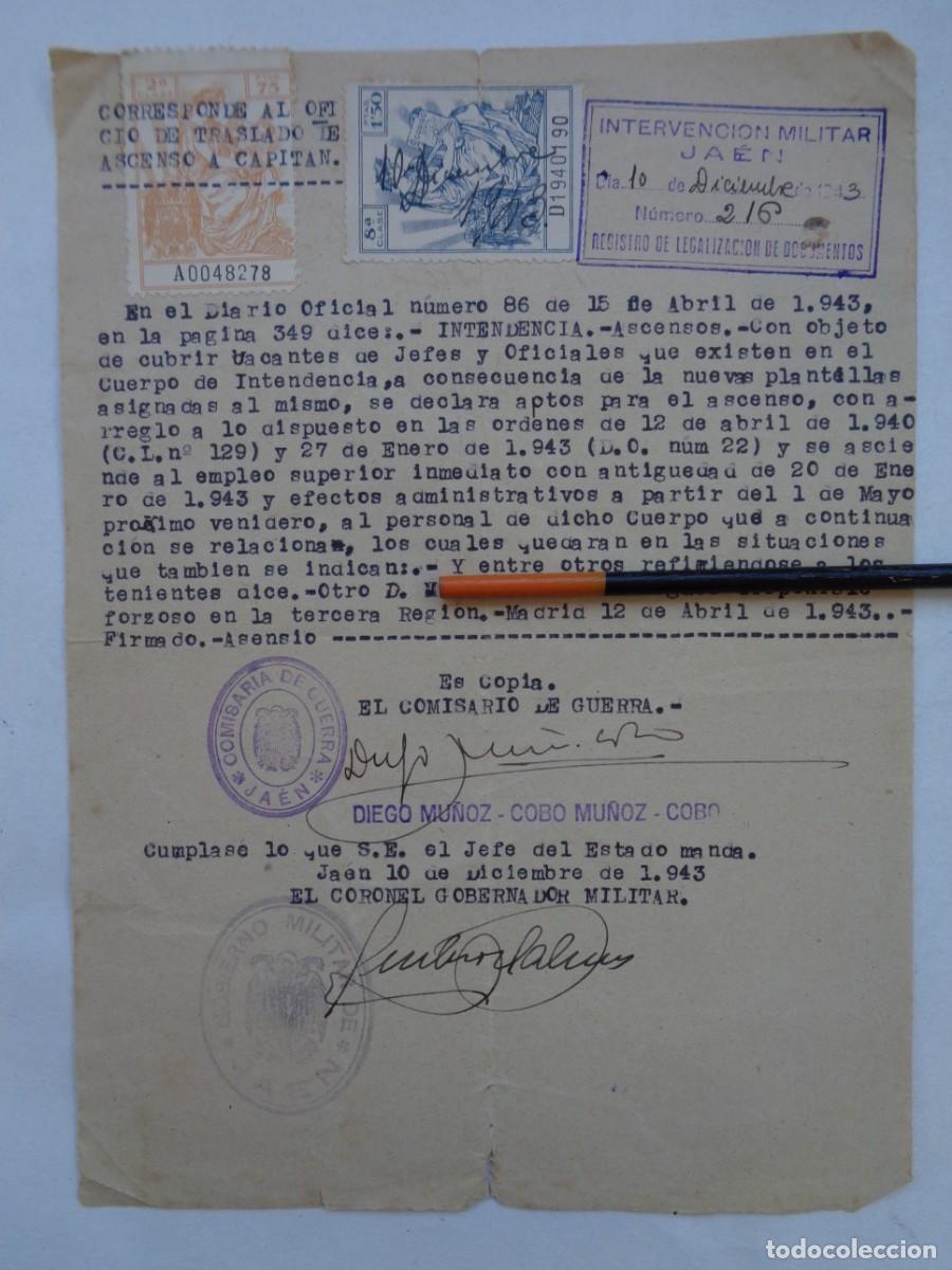 Militaria: COMISARIA DE GUERRA : ASCENSO Y TRASLADO DE CAPITAN DE INTENDENCIA JAEN, 1943 .CON VI&Ntilde;ETAS