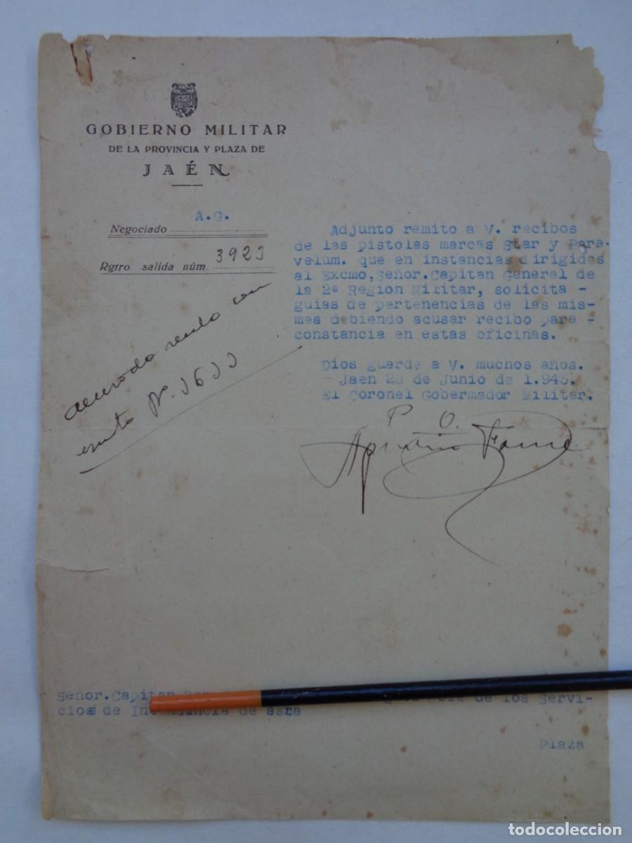 Militaria: GOBIERNO MILITAR DE JAEN : NOTIFICACION SOBRE PISTOLA STAR DE CAPITAN DE INTENDENCIA. JAEN, 1945