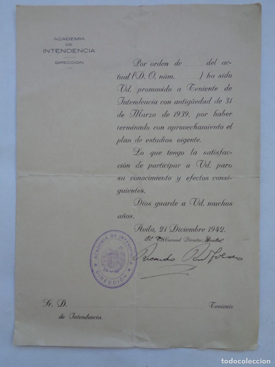 Militaria: ACADEMIA DE INTENDENCIA : CERTIFICADO PROMOVIDO A TENIENTE ANTIG&Uuml;EDAD MARZO 1939. AVILA, 1942