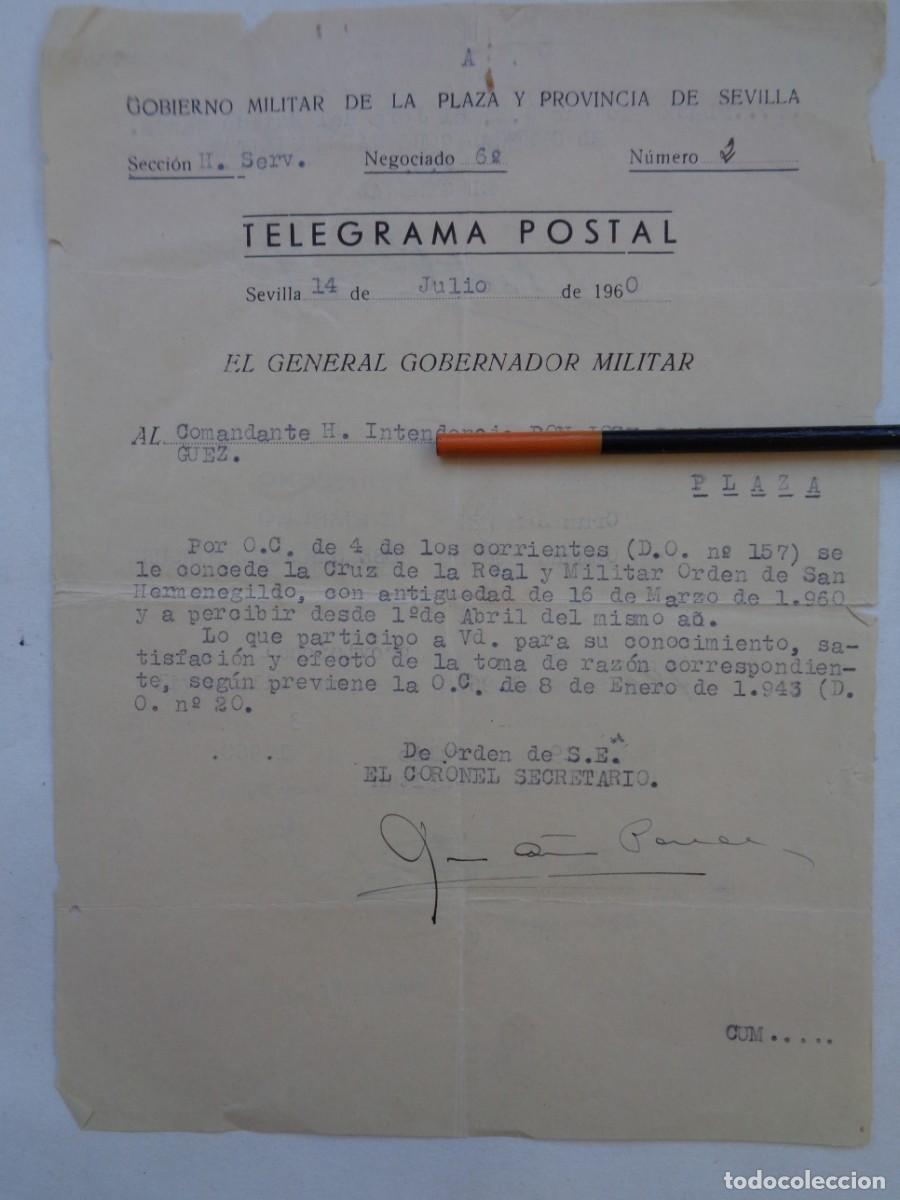 Militaria: GOBIERNO MILITAR DE SEVILLA: TELEGRAMA CONCESION CRUZ DE SAN HERMENEGILDO. SEVILLA, 1960