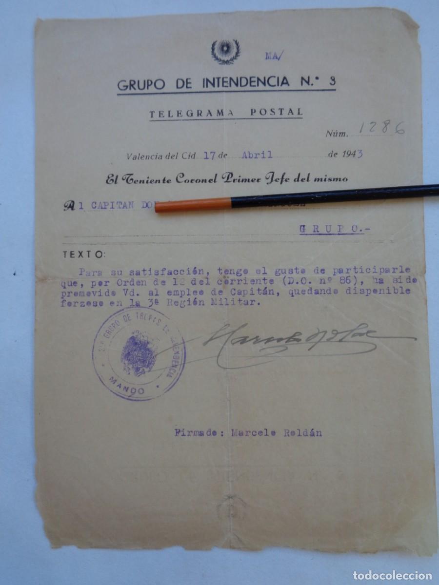 Militaria: GRUPO DE INTENDENCIA N&ordm; 3 : TELEGRAMA ASCENSO A CAPITAN . VALENCIA, 1943