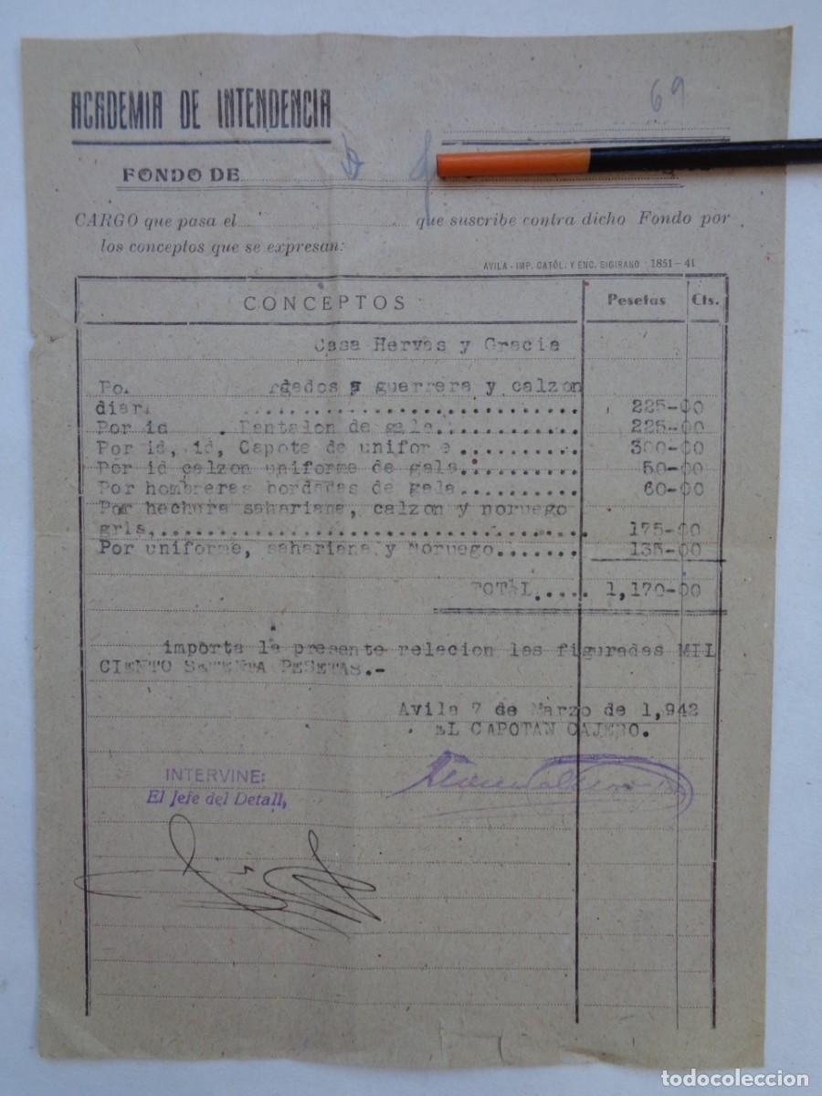 Militaria: ACADEMIA DE INTENDENCIA : FACTURA DE CASA HERVAS Y GARCIA DE EQUIPACION DE CADETE. AVILA, 1942