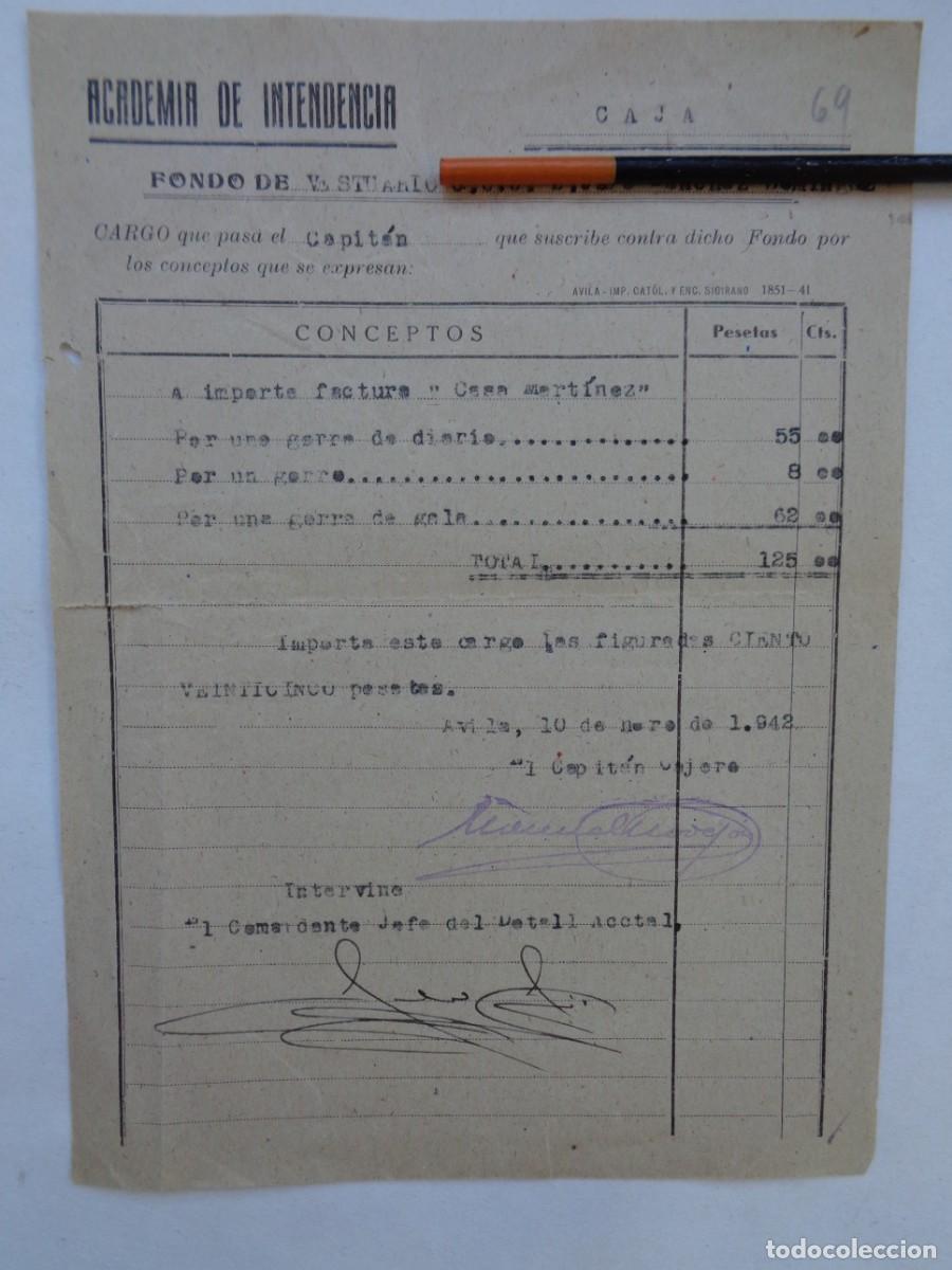 Militaria: ACADEMIA DE INTENDENCIA : FACTURA DE CASA MARTINEZ POR PRENDAS DE CABEZA DE CADETE. AVILA, 1942