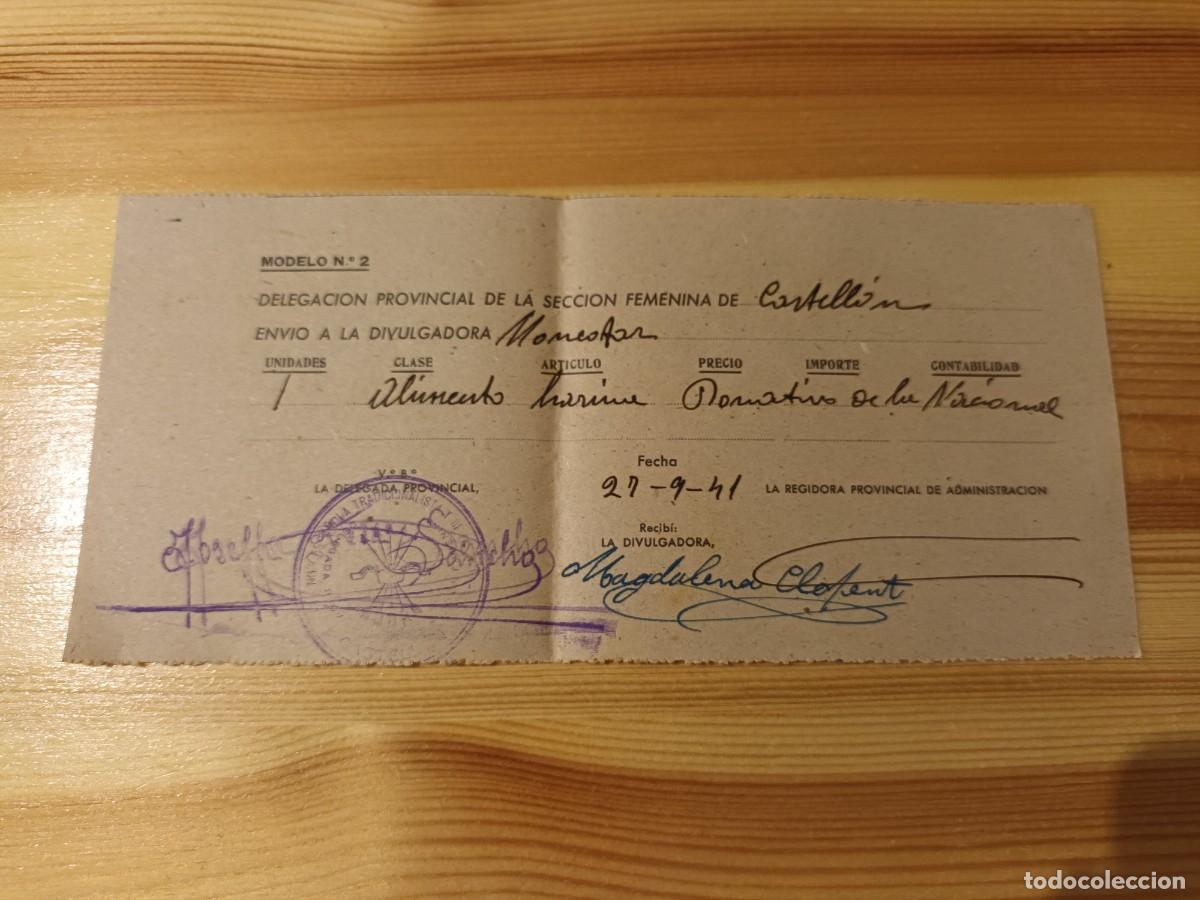 Militaria: Recibo de la Secci&oacute;n Femenina de Monc&oacute;far por env&iacute;o de harina de Castell&oacute;n 1941 Falange