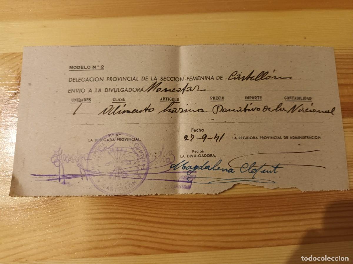 Militaria: Recibo de la Secci&oacute;n Femenina de Monc&oacute;far por env&iacute;o de harina de Castell&oacute;n 1941 Falange