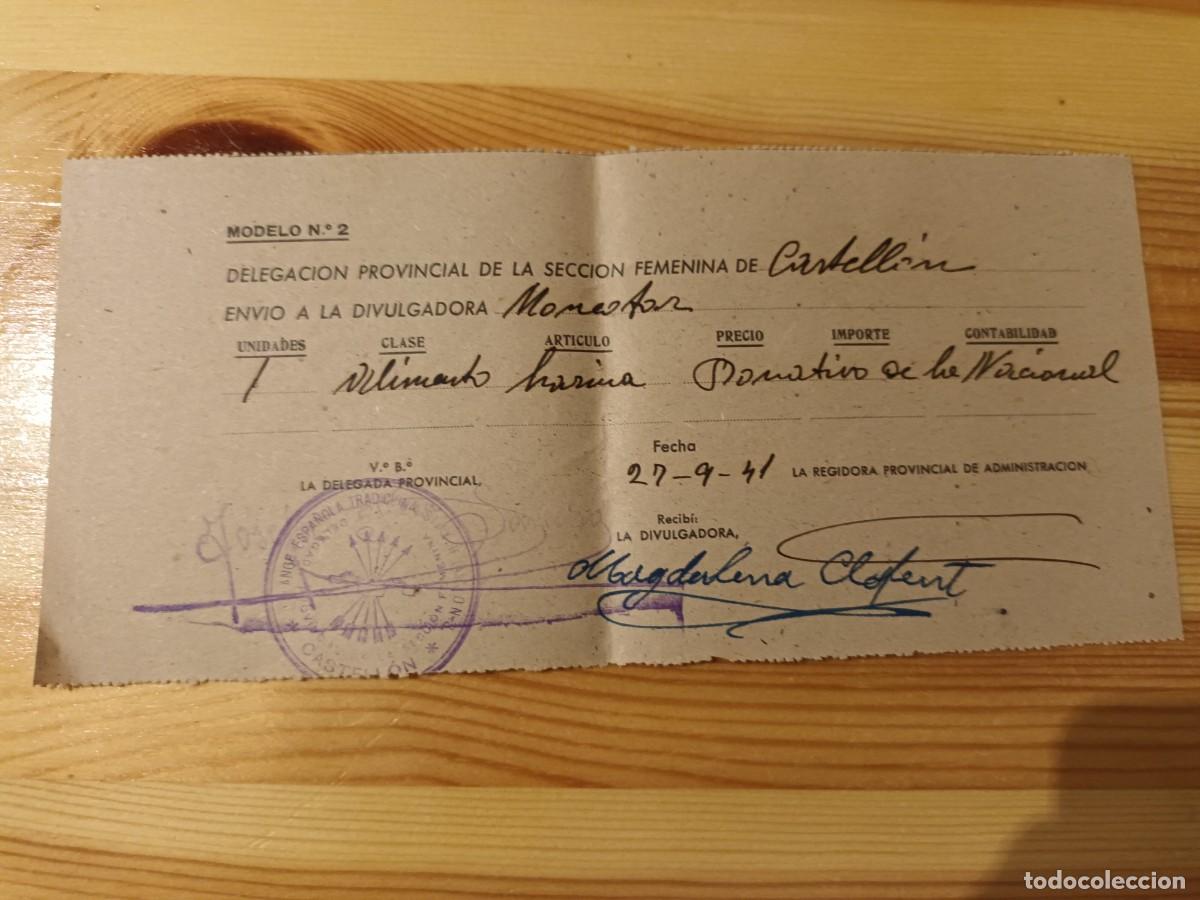 Militaria: Recibo de la Secci&oacute;n Femenina de Monc&oacute;far por env&iacute;o de harina de Castell&oacute;n 1941 Falange