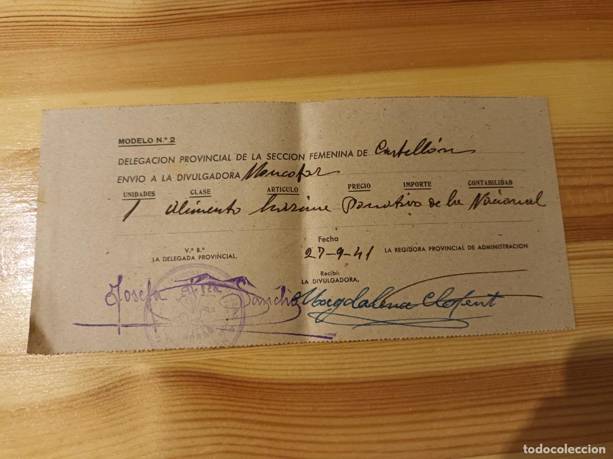 Militaria: Recibo de la Secci&oacute;n Femenina de Monc&oacute;far por env&iacute;o de harina de Castell&oacute;n 1941 Falange
