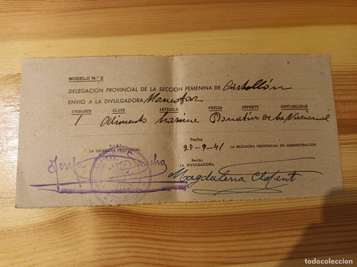 Militaria: Recibo de la Secci&oacute;n Femenina de Monc&oacute;far por env&iacute;o de harina de Castell&oacute;n 1941 Falange