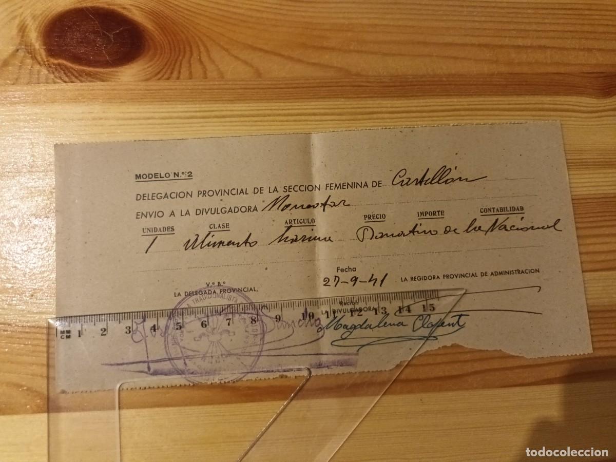 Militaria: Recibo de la Secci&oacute;n Femenina de Monc&oacute;far por env&iacute;o de harina de Castell&oacute;n 1941 Falange