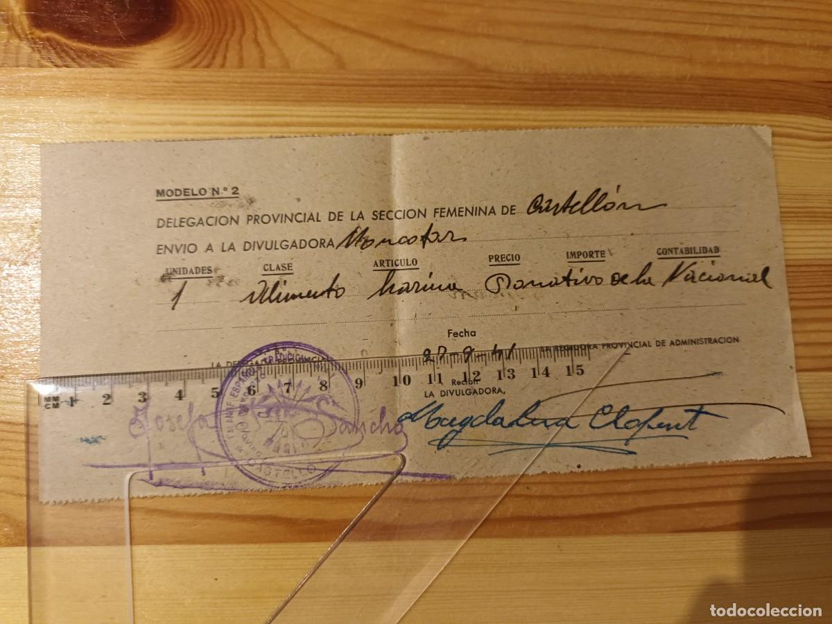 Militaria: Recibo de la Secci&oacute;n Femenina de Monc&oacute;far por env&iacute;o de harina de Castell&oacute;n 1941 Falange