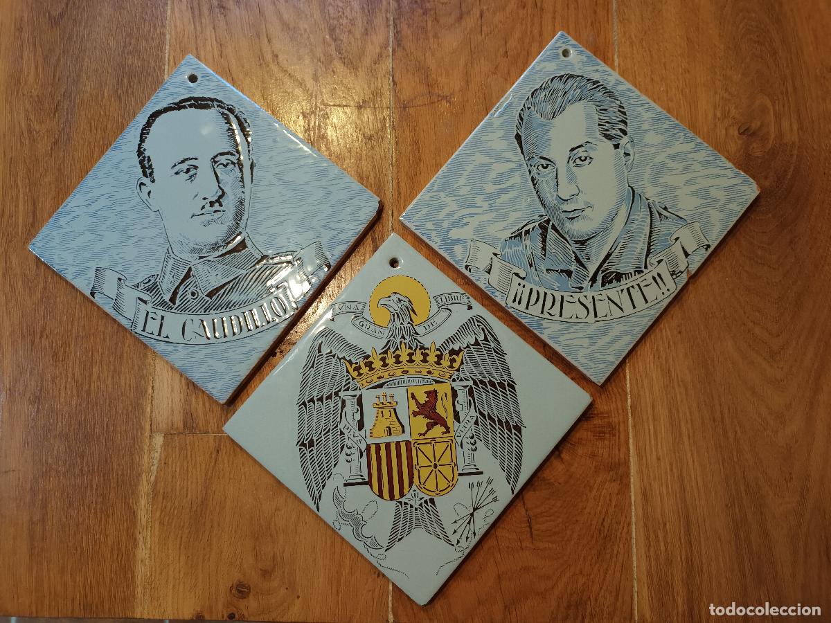 Militaria: Lote tres azulejos Franco, Jos&eacute; Antonio y escudo nacional, hechos en Castell&oacute;n en posguerra