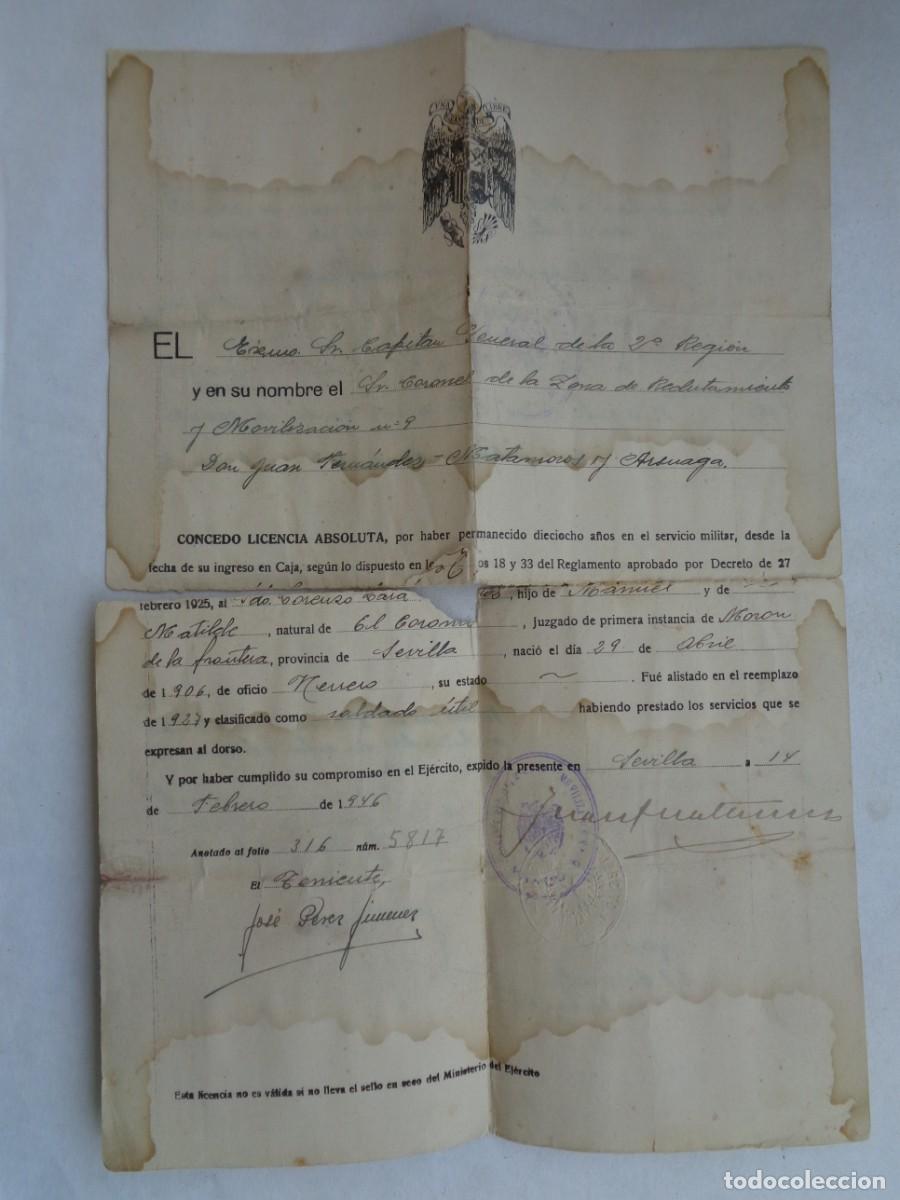 Militaria: LICENCIA ABSOLUTA DE SOLDADO DE SEVILLA. 1946. &iexcl;&iexcl; MUY MAL ESATDO !!!