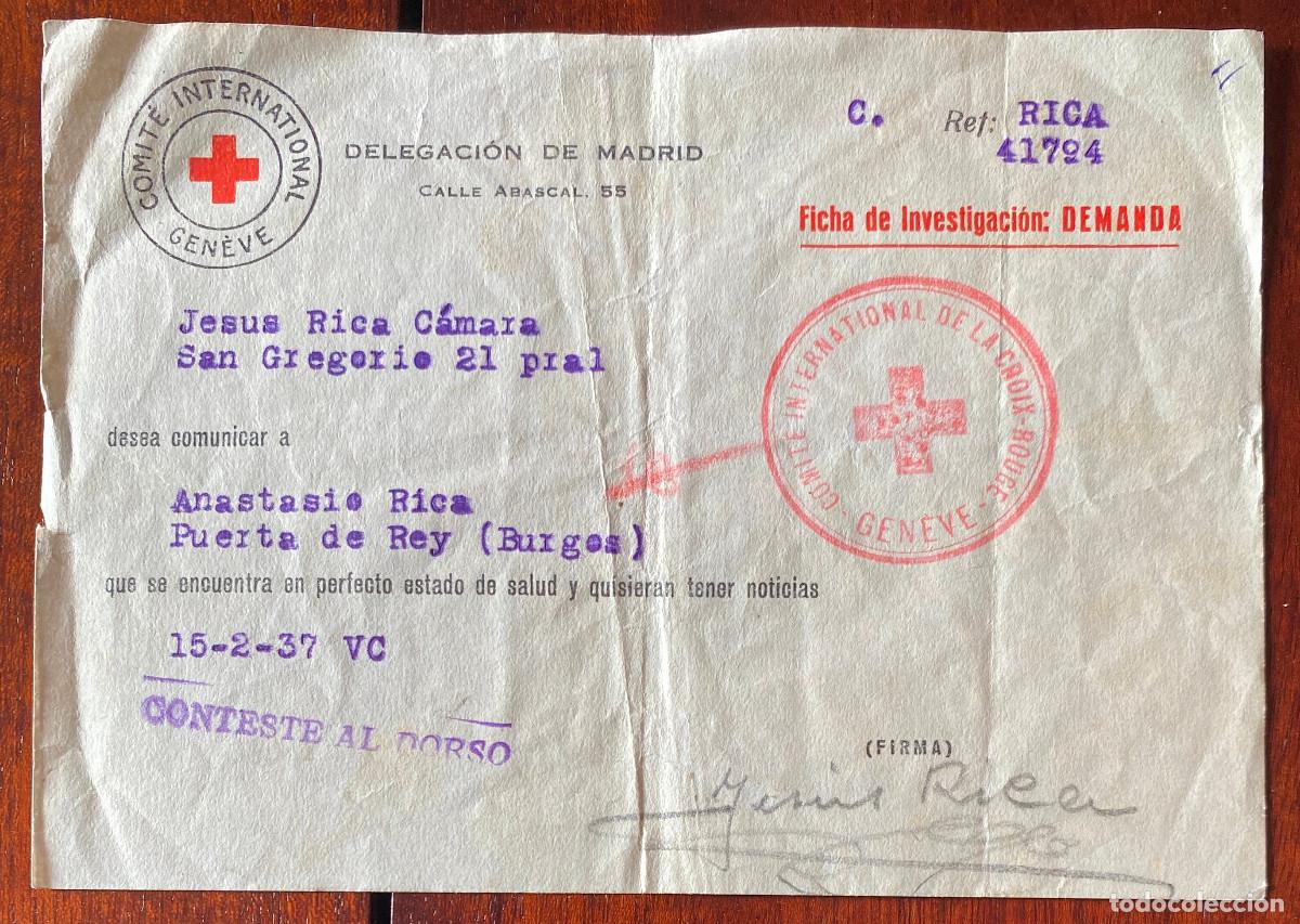 Militaria: COMITE INTERNATIONAL GENEVE, CRUZ ROJA, DELEGACION DE MADRID, CIRCULADA EN 1937, GUERRA CIVIL. TAMA&Ntilde;