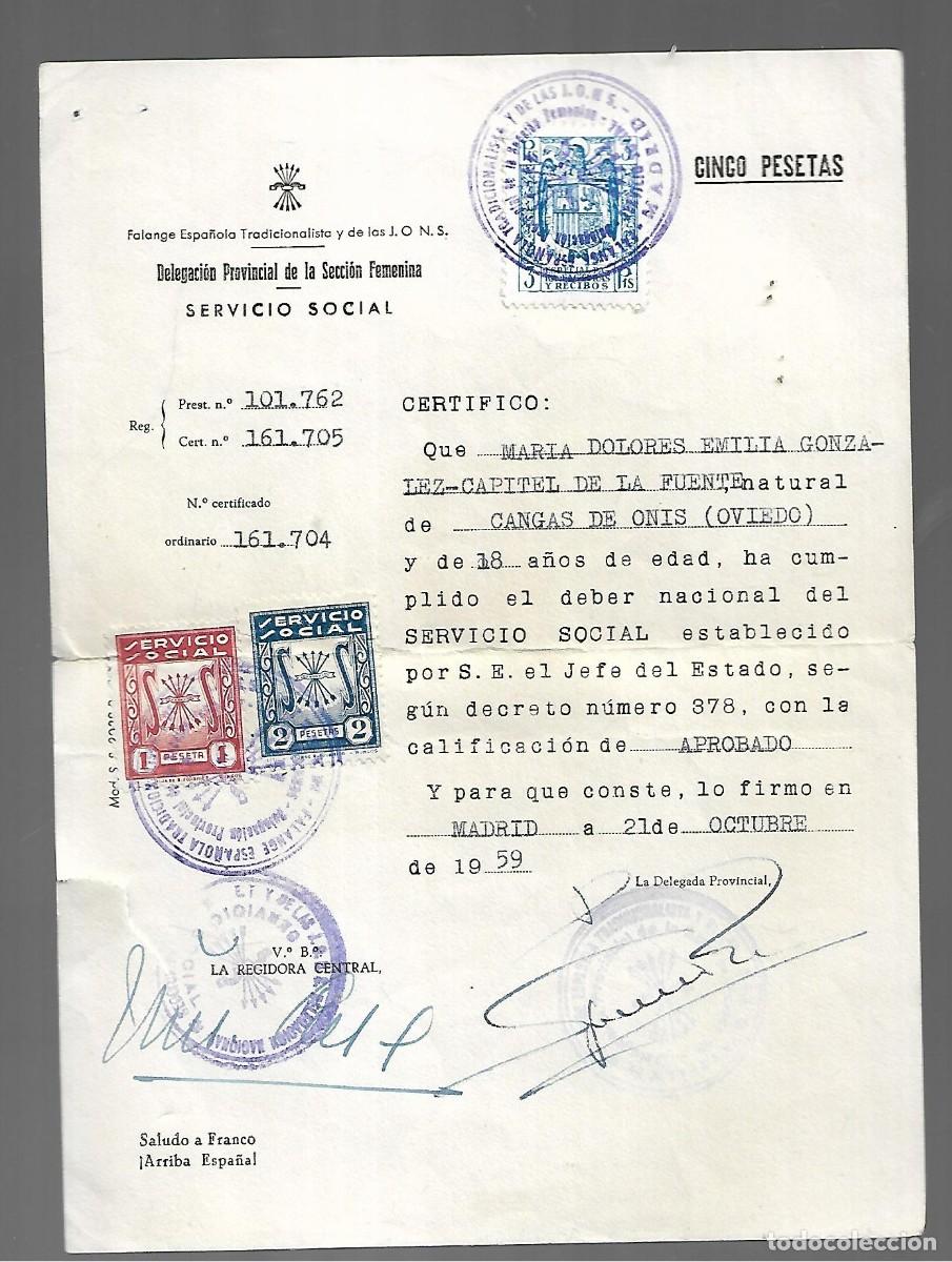 Military Antiques: M12- CERTIFICADO DE CUMPLIMIENTO DEL DEBER DE SERVICIO SOCIAL EN LA SECCI&Oacute;N FEMENINA. MADRID, 1959