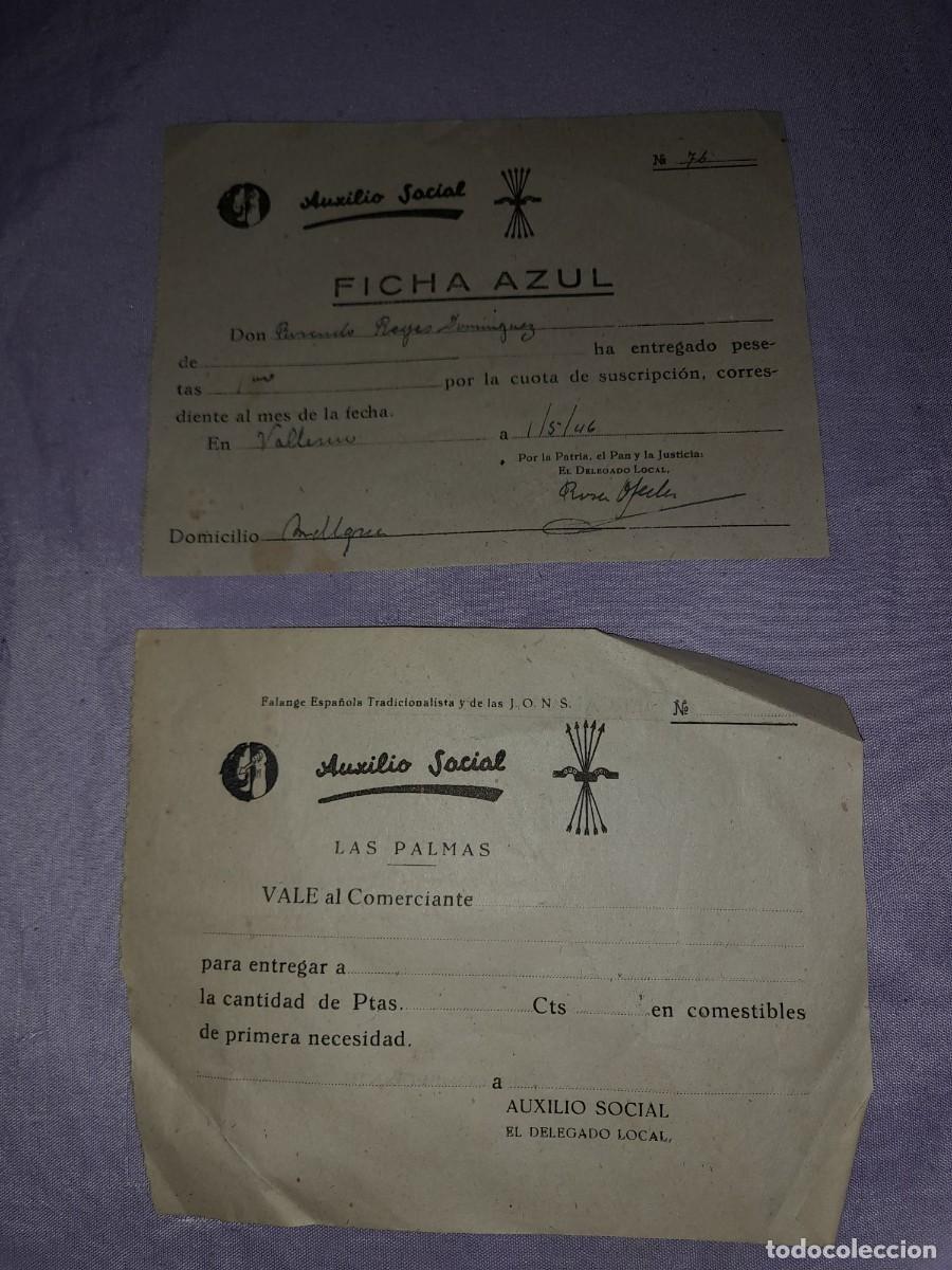 Military Antiques: 2 antiguo documento auxilio social ficha azul de suscripci&oacute;n y vale comerciante a&ntilde;os 40